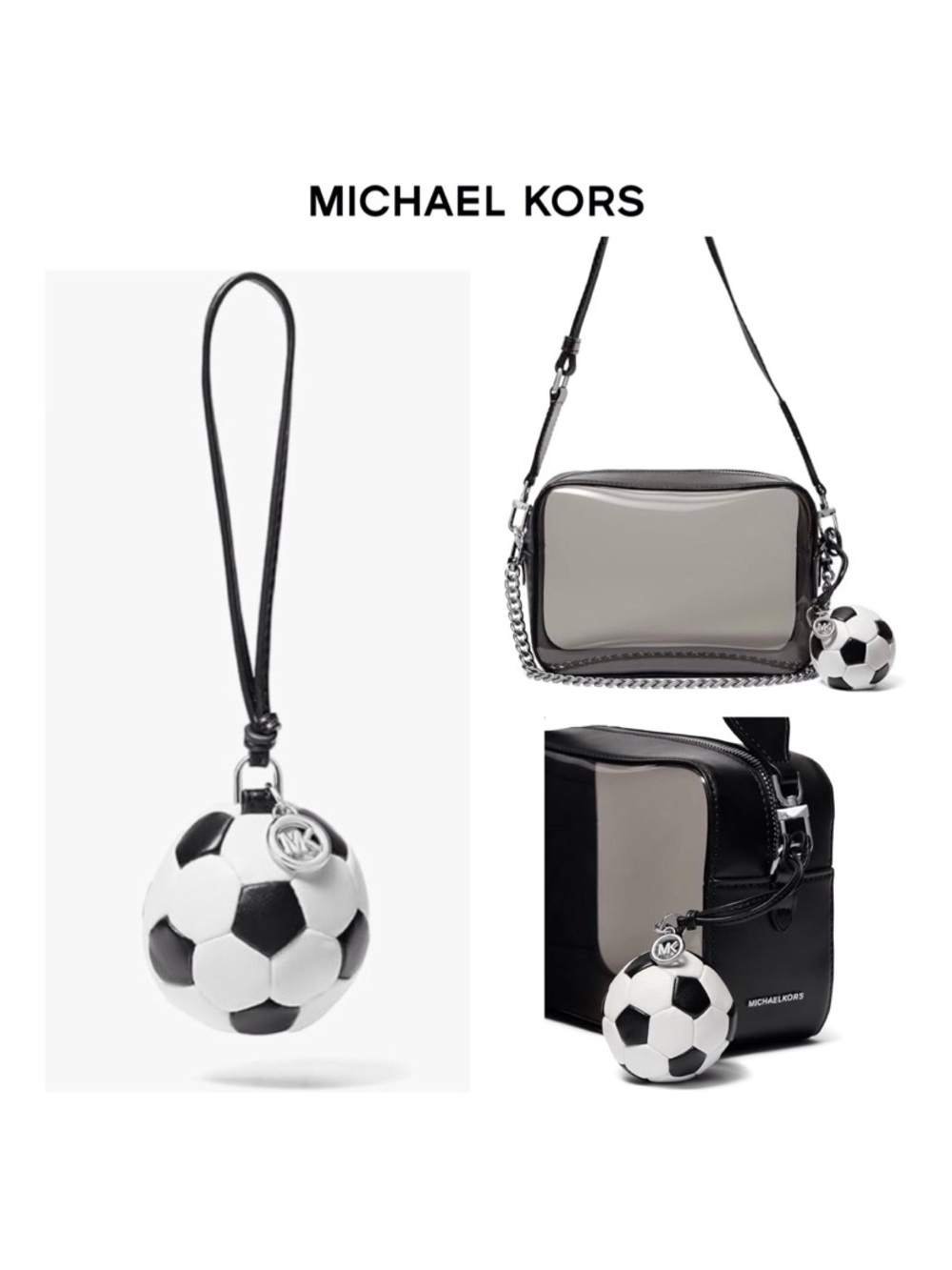 NWT MICHAEL KORS SOCCER BALL Silver-Tone Faux Leather & Nappa Leather Bag Charm - Picture 2 of 12